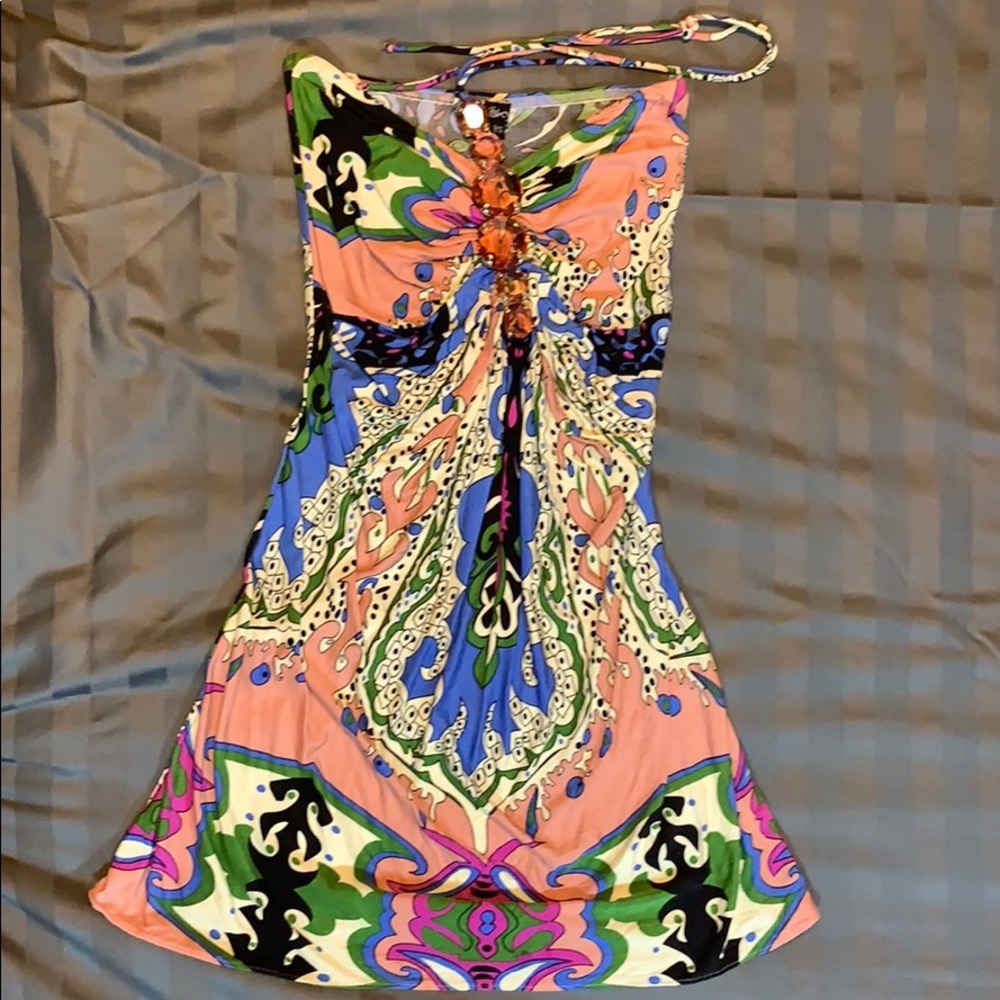 Sky brand halter dress with gemstone details